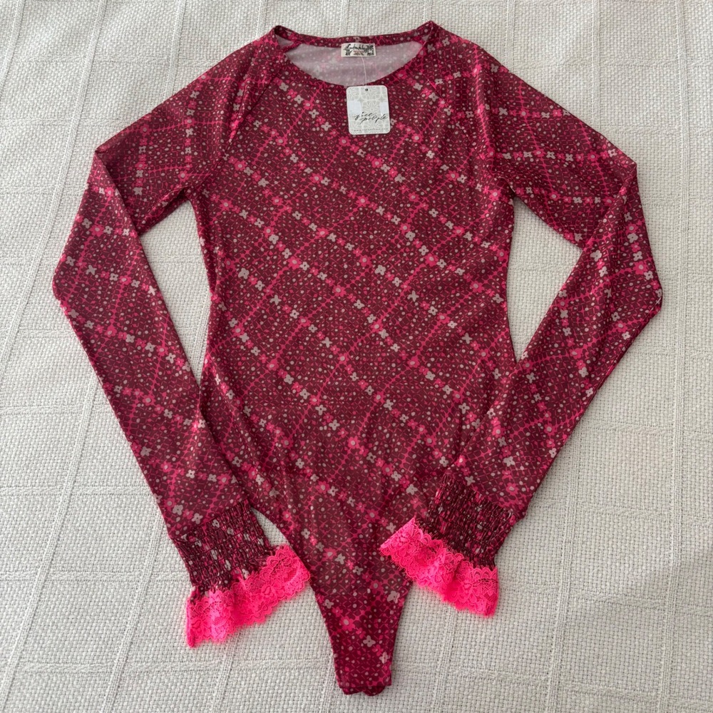 Women's XS FREE PEOPLE Intimately Up All Night Printed Mesh Bodysuit Candy NWT